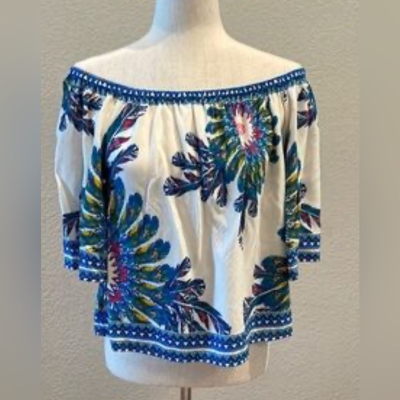 Flying Tomato White and Blue Flutter Sleeve Off-Shoulder Blouse - Picture 1 of 5